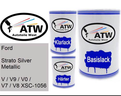 Ford, Strato Silver Metallic, V / V9 / V0 / V7 / V8 XSC-1056: 500ml Lackdose + 500ml Klarlack + 250ml Härter - Set, von ATW Autoteile West.